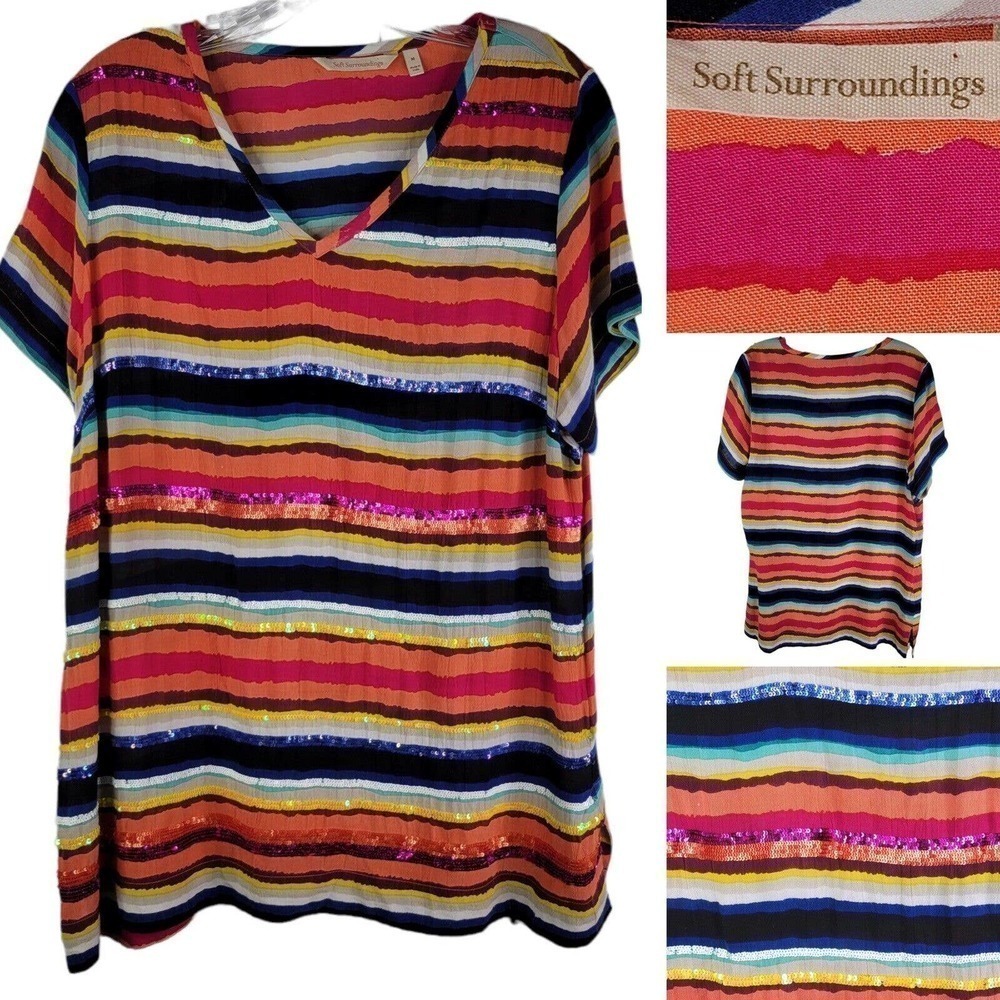 Soft Surroundings Womens Short Sleeve Multicolor Striped Blouse Tunic Medium M